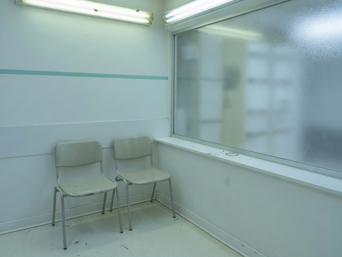 A quiet clinic waiting room. Two chairs. Nothing to prove yet.